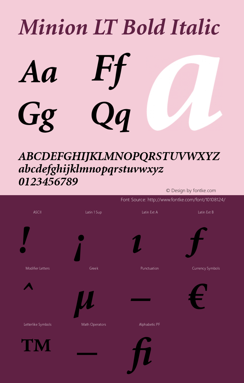 Minion LT Bold Italic Version 6.1; 2002 Font Sample