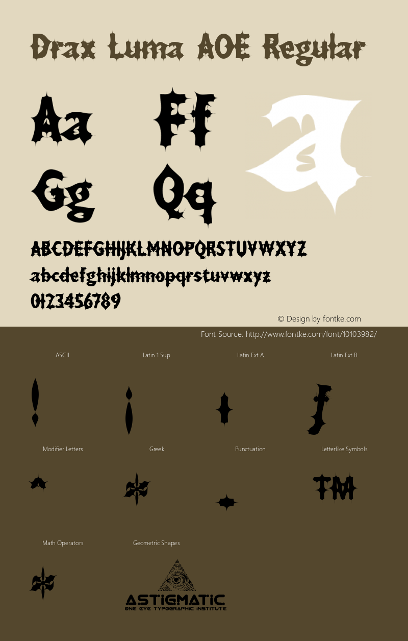 Drax Luma AOE Regular Macromedia Fontographer 4.1.2 4/20/02 Font Sample