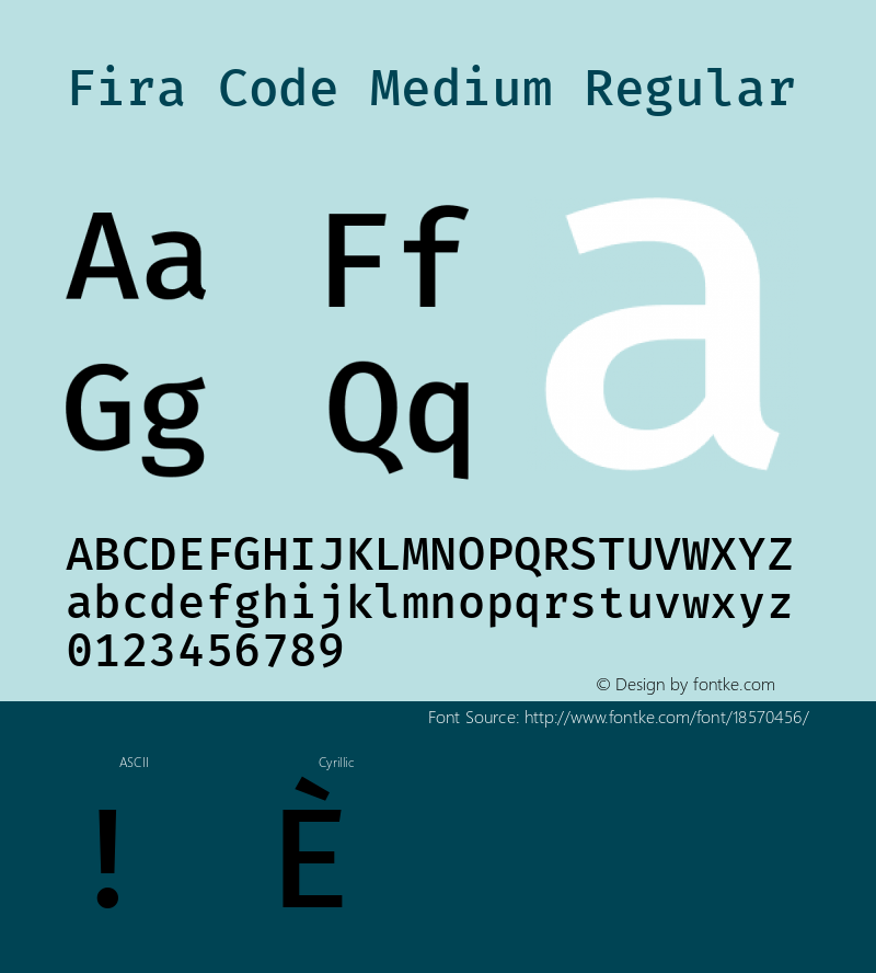 Fira Code Medium Regular Version 3.206;PS 003.206;hotconv 1.0.88;makeotf.lib2.5.64775; ttfautohint (v1.4.1) Font Sample