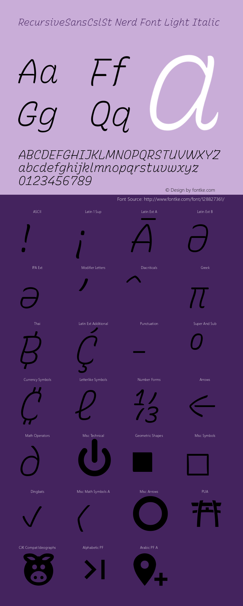 Recursive Sn Csl St Lt Italic Nerd Font Complete Version 1.066;hotconv 1.0.115;makeotfexe 2.5.65600; ttfautohint (v1.8.3) Font Sample