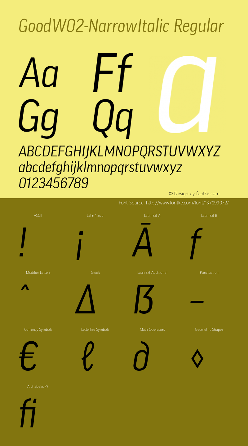 Good W02 Narrow Italic Version 7.504 Font Sample