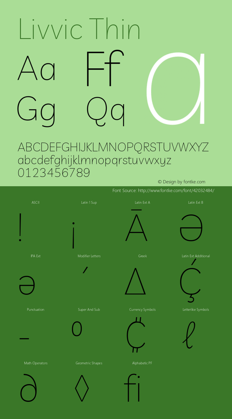 Livvic Thin Version 1.001; ttfautohint (v1.8.2) Font Sample