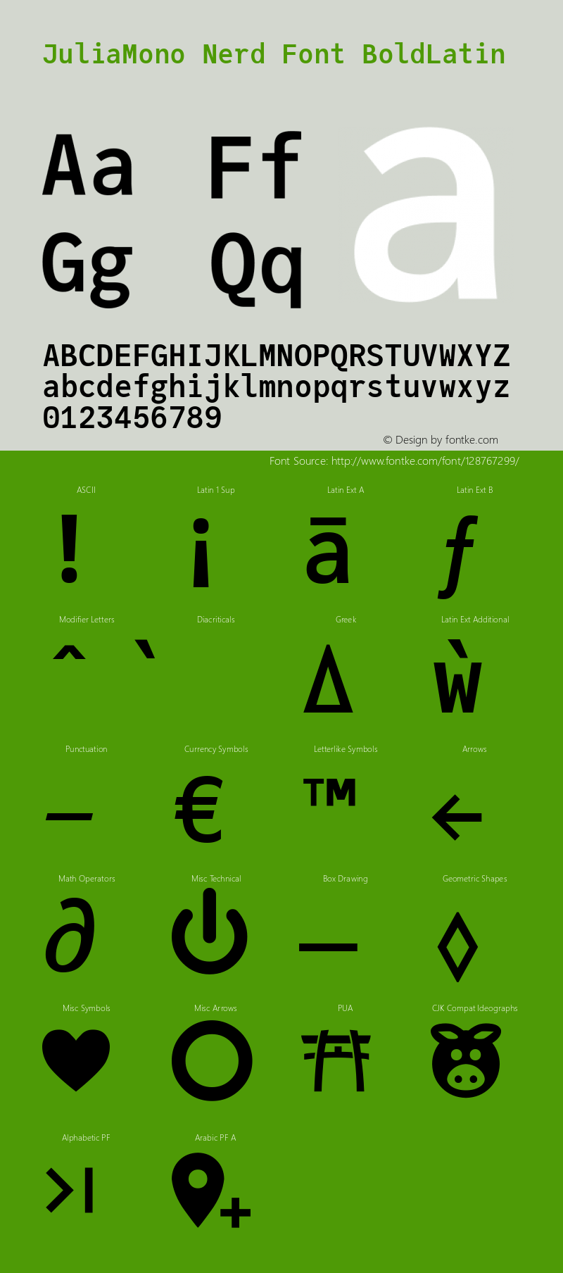 JuliaMono BoldLatin Nerd Font Complete Version 0.027; ttfautohint (v1.8) Font Sample