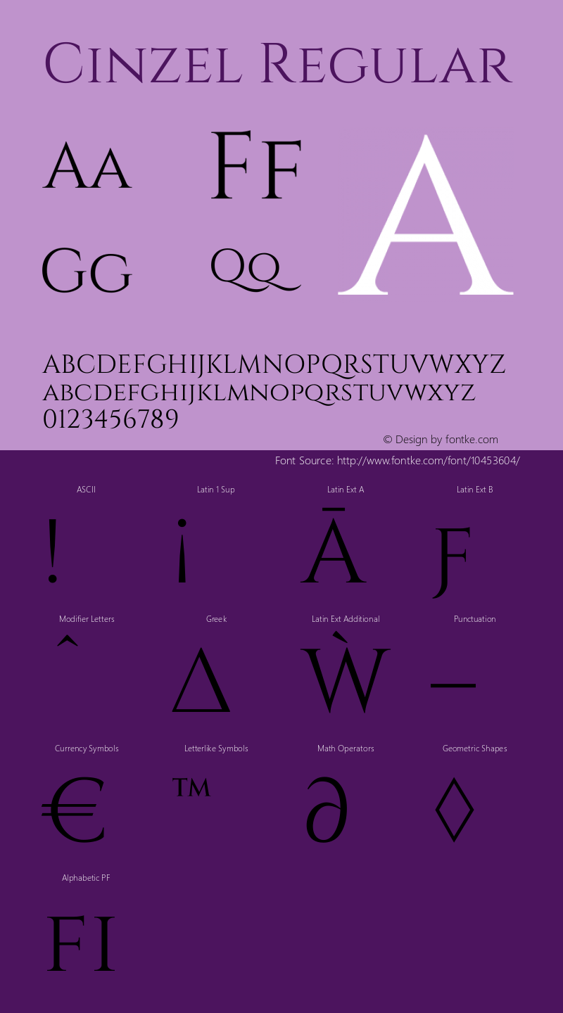 Cinzel Regular Version 1.001;PS 001.001;hotconv 1.0.56;makeotf.lib2.0.21325 Font Sample