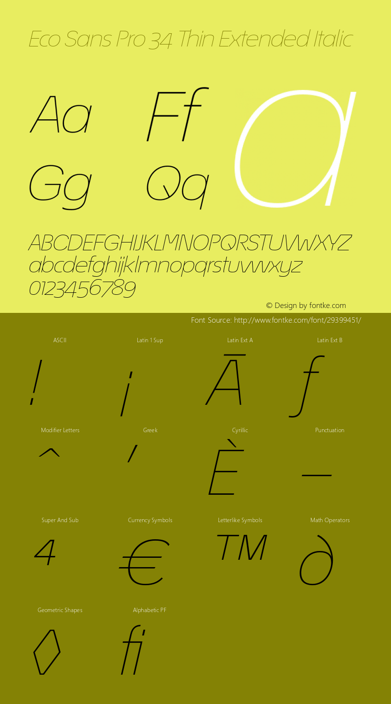 Éco Sans Pro 34 Thin Extended Italic Version 3.015 Font Sample