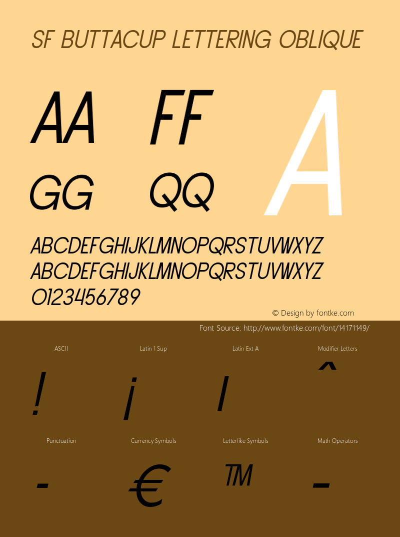 SF Buttacup Lettering Oblique Version ver 1.0; 2000. Freew Font Sample