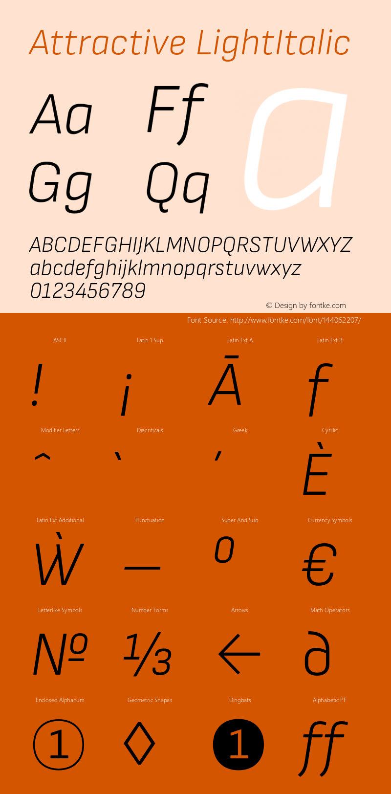 Attractive LightItalic Version 3.001;PS 003.001;hotconv 1.0.88;makeotf.lib2.5.64775 Font Sample