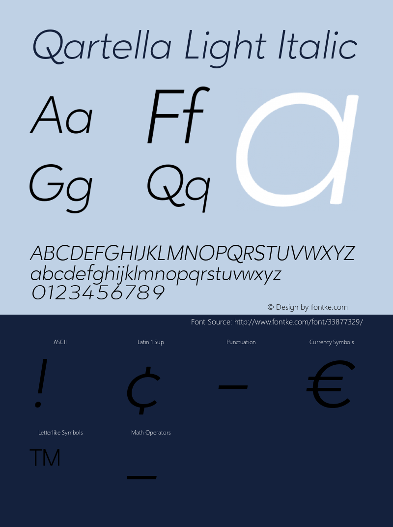 Qartella Light Italic Version 1.000;PS 001.000;hotconv 1.0.88;makeotf.lib2.5.64775 Font Sample