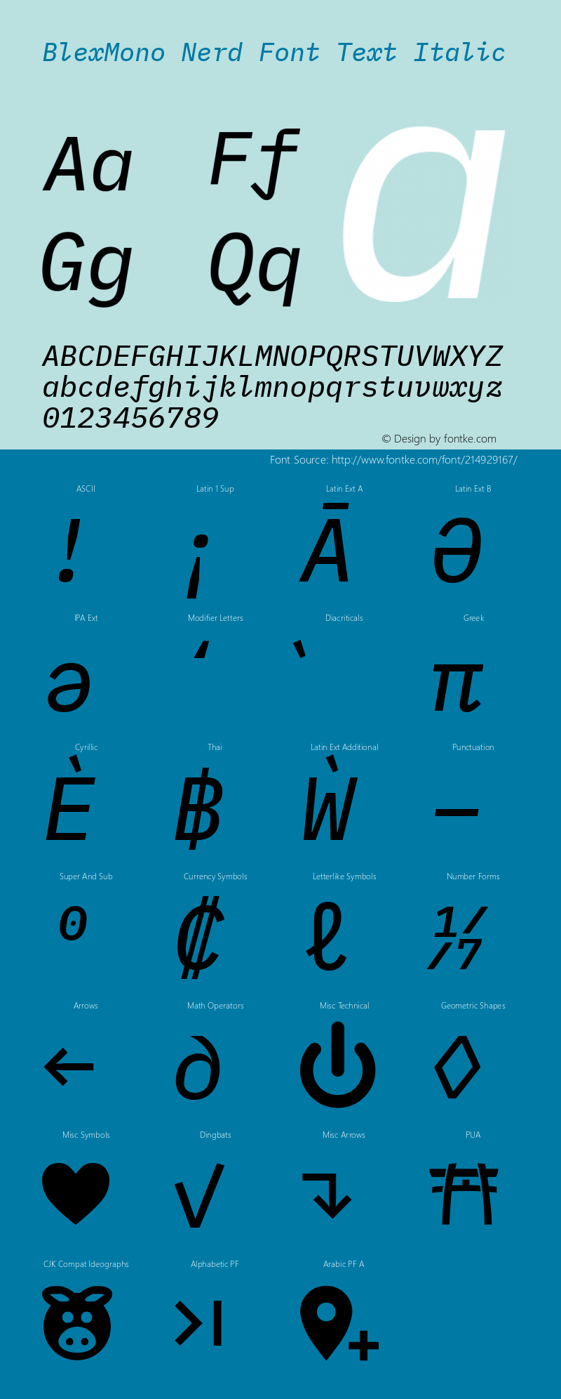 Blex Mono Text Italic Nerd Font Complete Version 2.000;Nerd Fonts 2.1.0图片样张