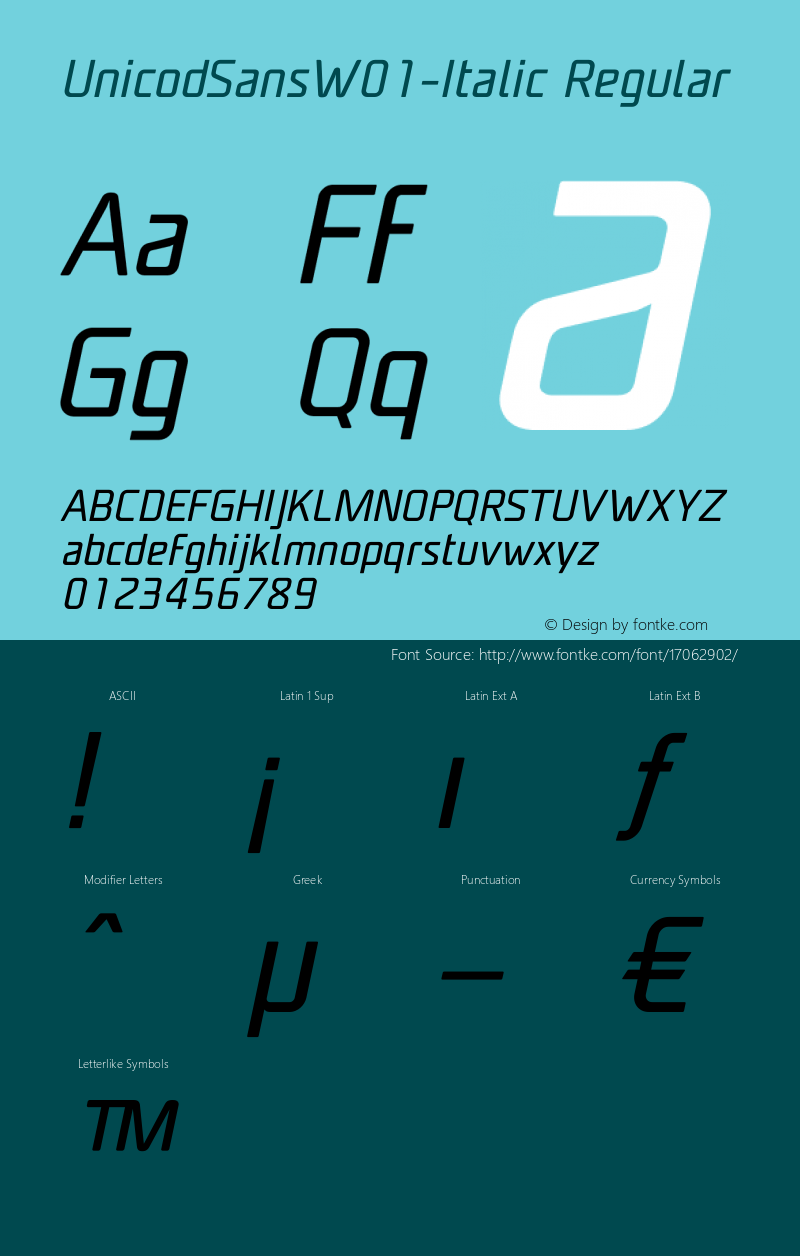 UnicodSansW01-Italic Regular Version 1.00 Font Sample