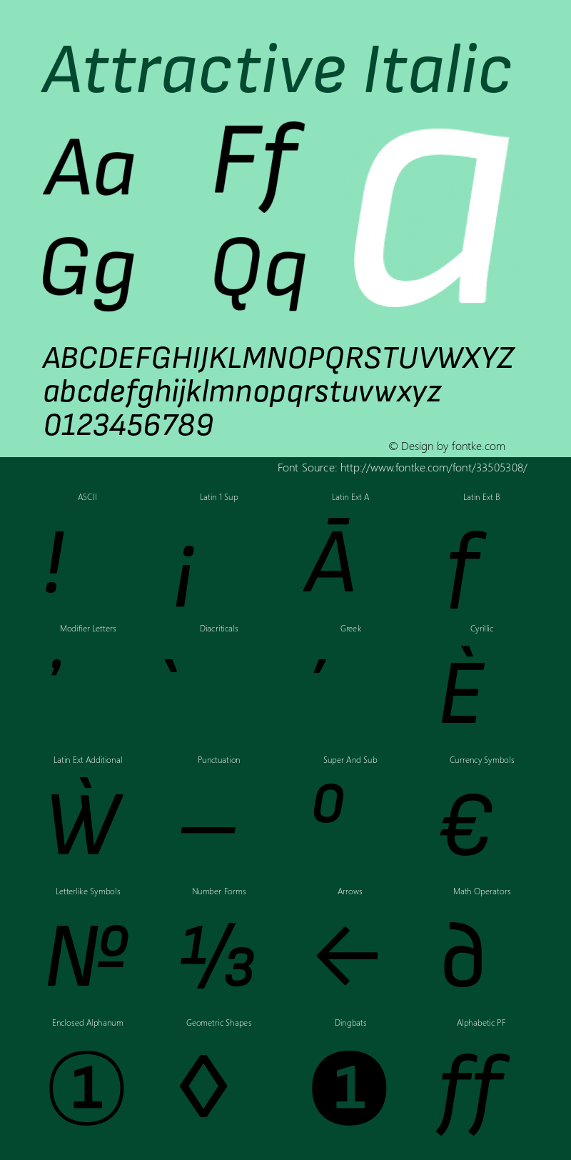 Attractive Italic Version 3.001;PS 003.001;hotconv 1.0.88;makeotf.lib2.5.64775 Font Sample