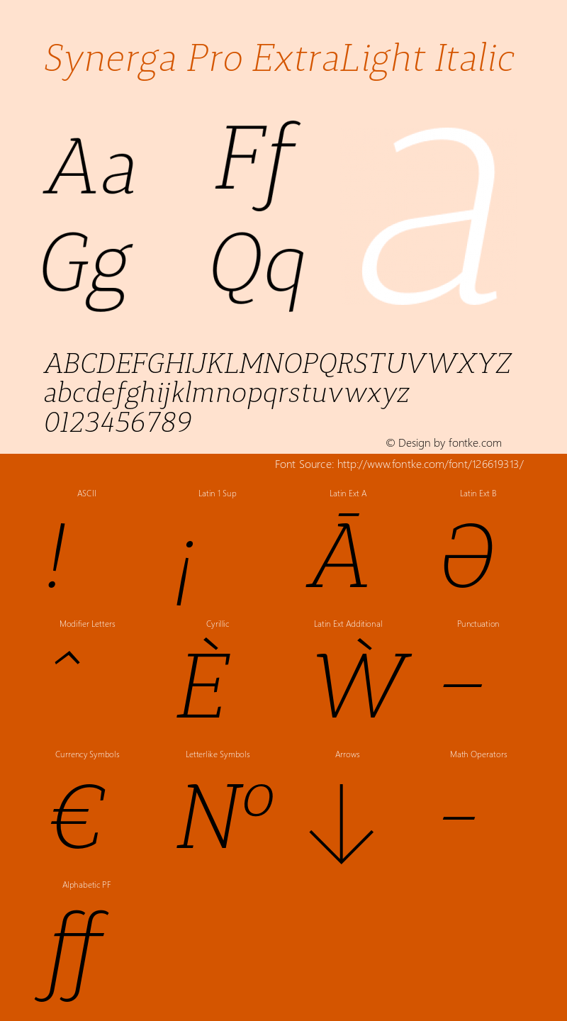 Synerga Pro ExtraLight Italic Version 001.000 Font Sample