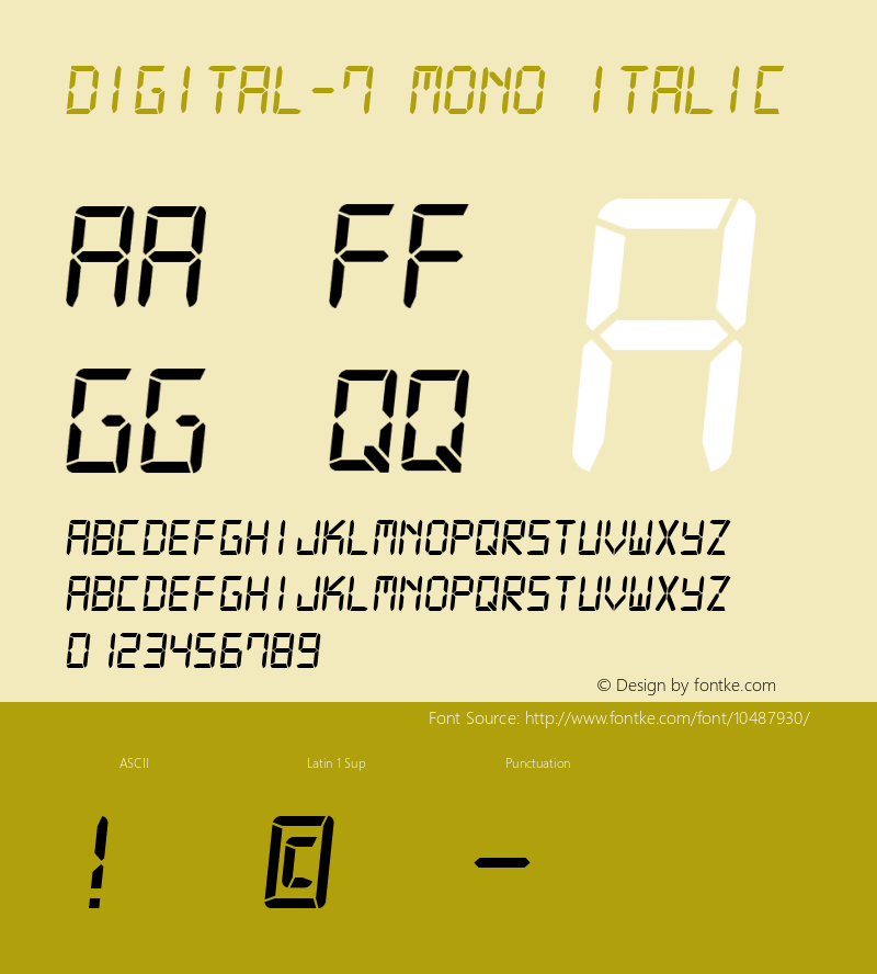 Digital-7 Mono Italic Version 1.100 Font Sample