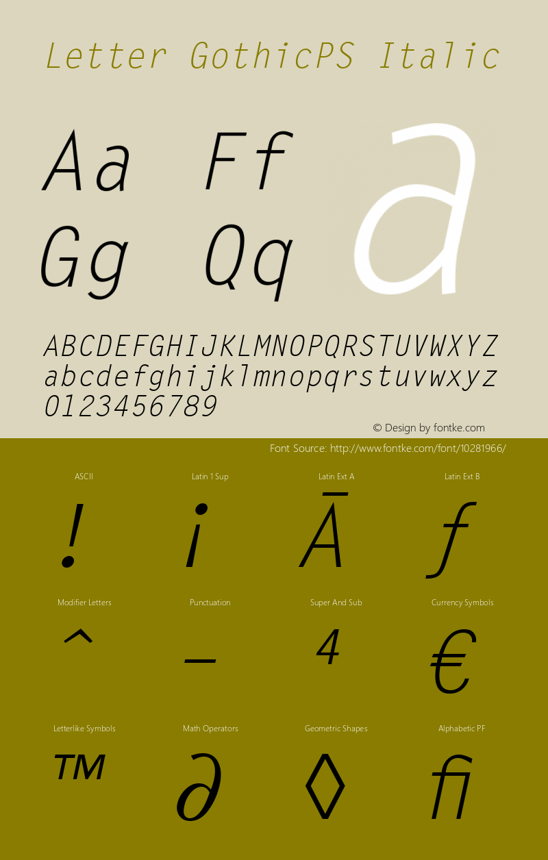 Letter GothicPS Italic Version 1.0 Font Sample