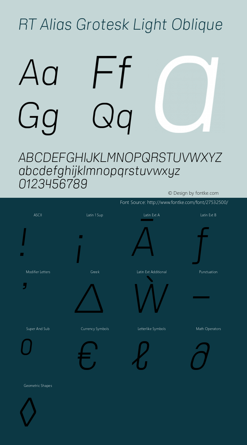 RT Alias Grotesk Light Oblique Version 1.000;PS 001.000;hotconv 1.0.88;makeotf.lib2.5.64775 Font Sample