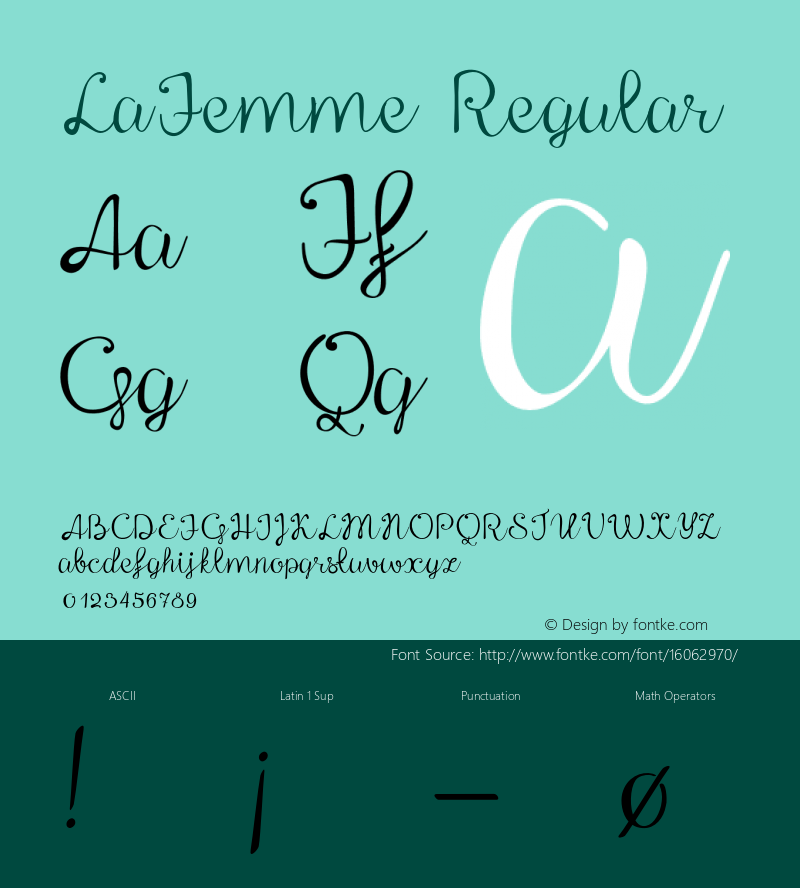 LaFemme Regular Version 1.000;PS 001.000;hotconv 1.0.70;makeotf.lib2.5.58329 DEVELOPMENT Font Sample