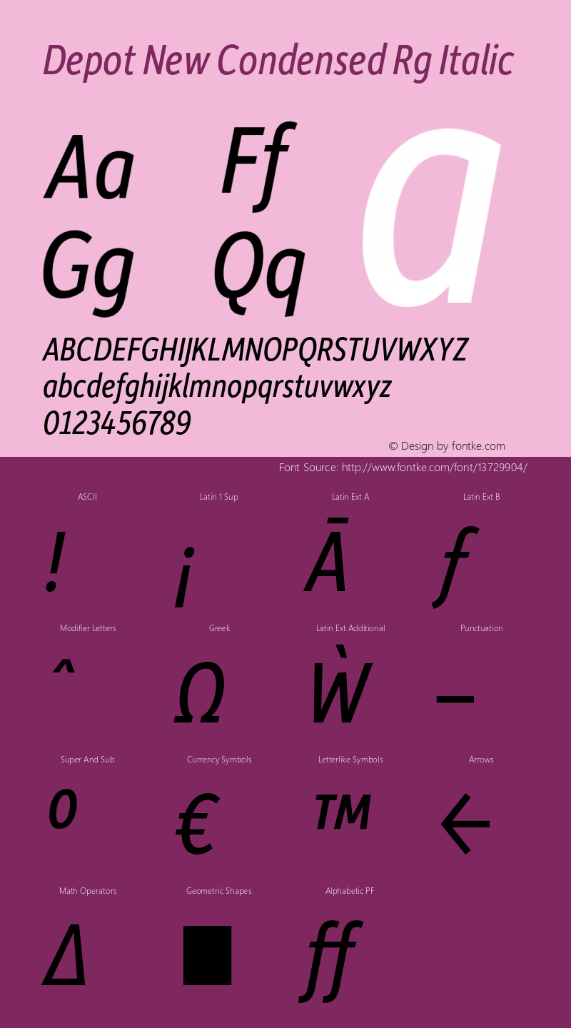 Depot New Condensed Rg Italic Version 2.000 Font Sample