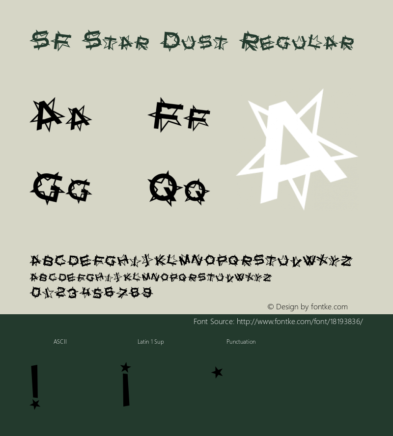 SF Star Dust Regular ver 1.0; 1999. Freeware for non-commercial use. Font Sample