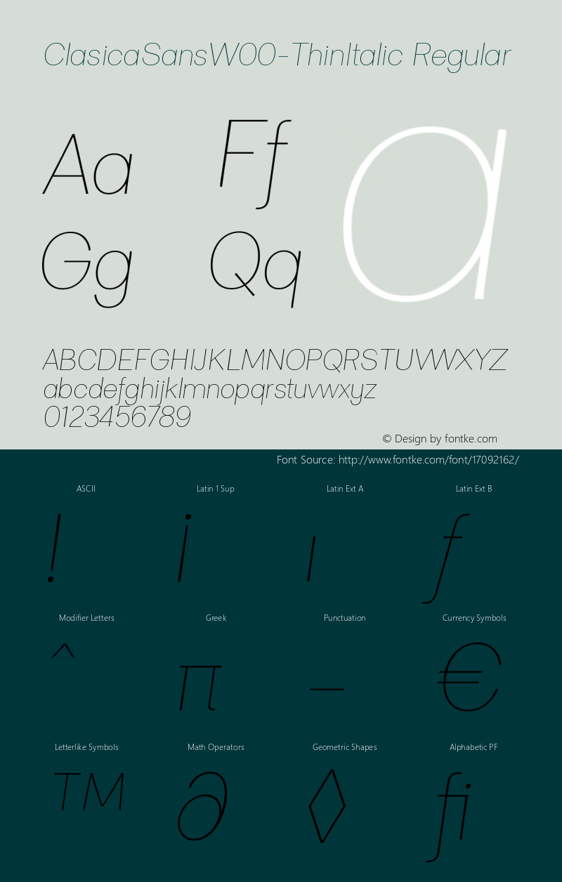 ClasicaSansW00-ThinItalic Regular Version 1.00 Font Sample