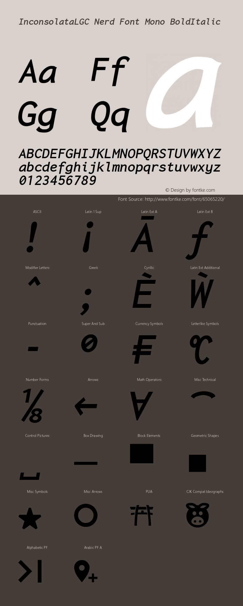 Inconsolata LGC Bold Italic Nerd Font Complete Mono Version 1.3;Nerd Fonts 2.1.0 Font Sample