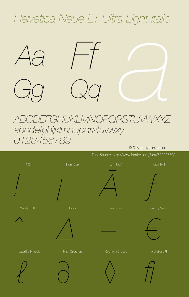Helvetica Neue LT 26 Ultra Light Italic 001.000 Font Sample
