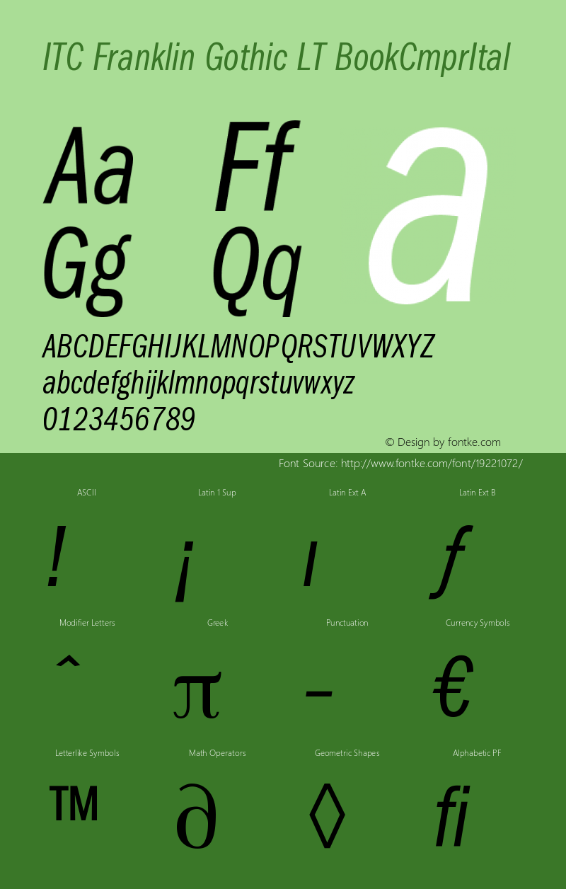 ITC Franklin Gothic LT Book Compressed Italic Version 006.000 Font Sample