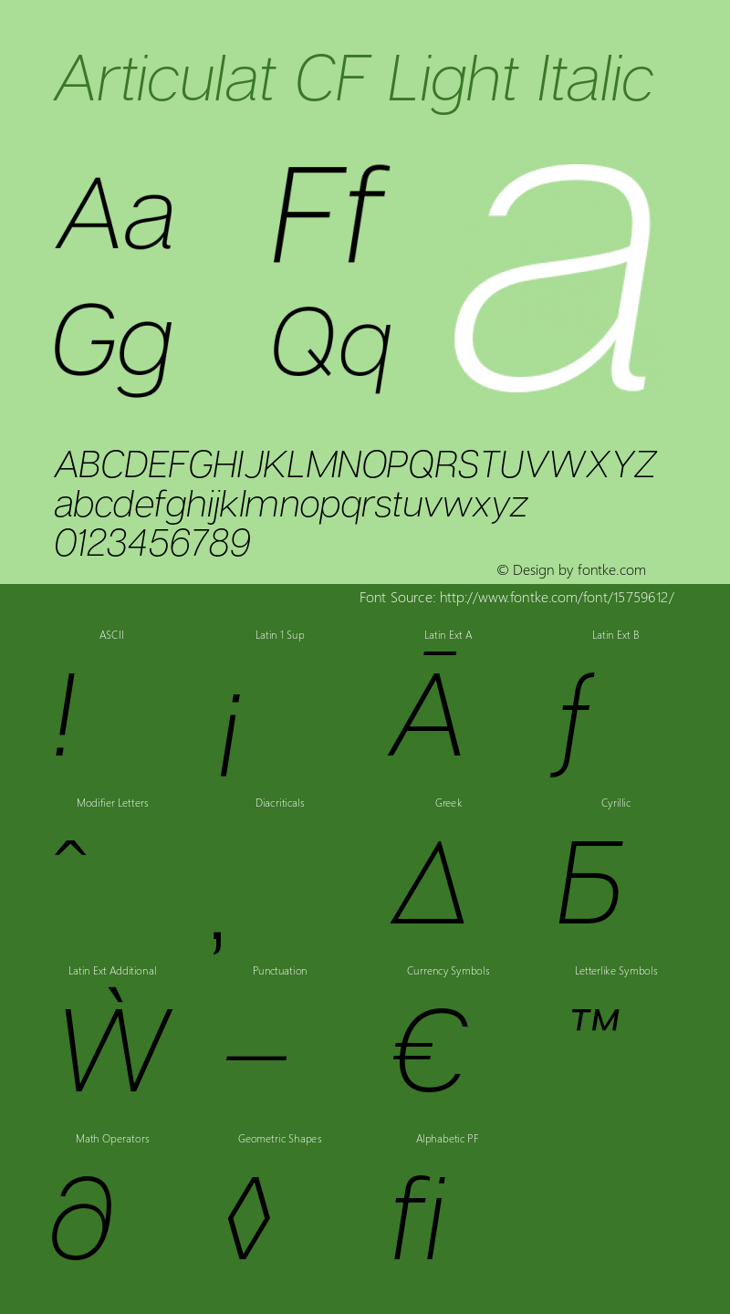 Articulat CF Light Italic Version 1.000;PS 001.000;hotconv 1.0.88;makeotf.lib2.5.64775 Font Sample