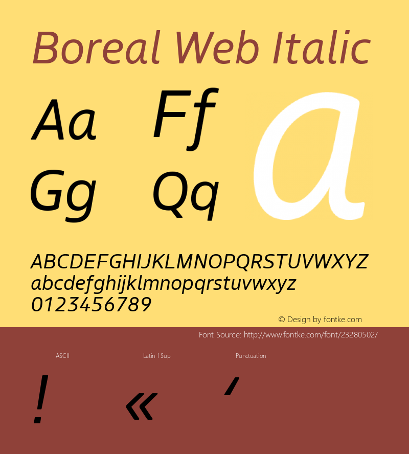 Boreal Web Italic Version 1.001;PS 1.1;hotconv 1.0.72;makeotf.lib2.5.5900; ttfautohint (v1.3) Font Sample