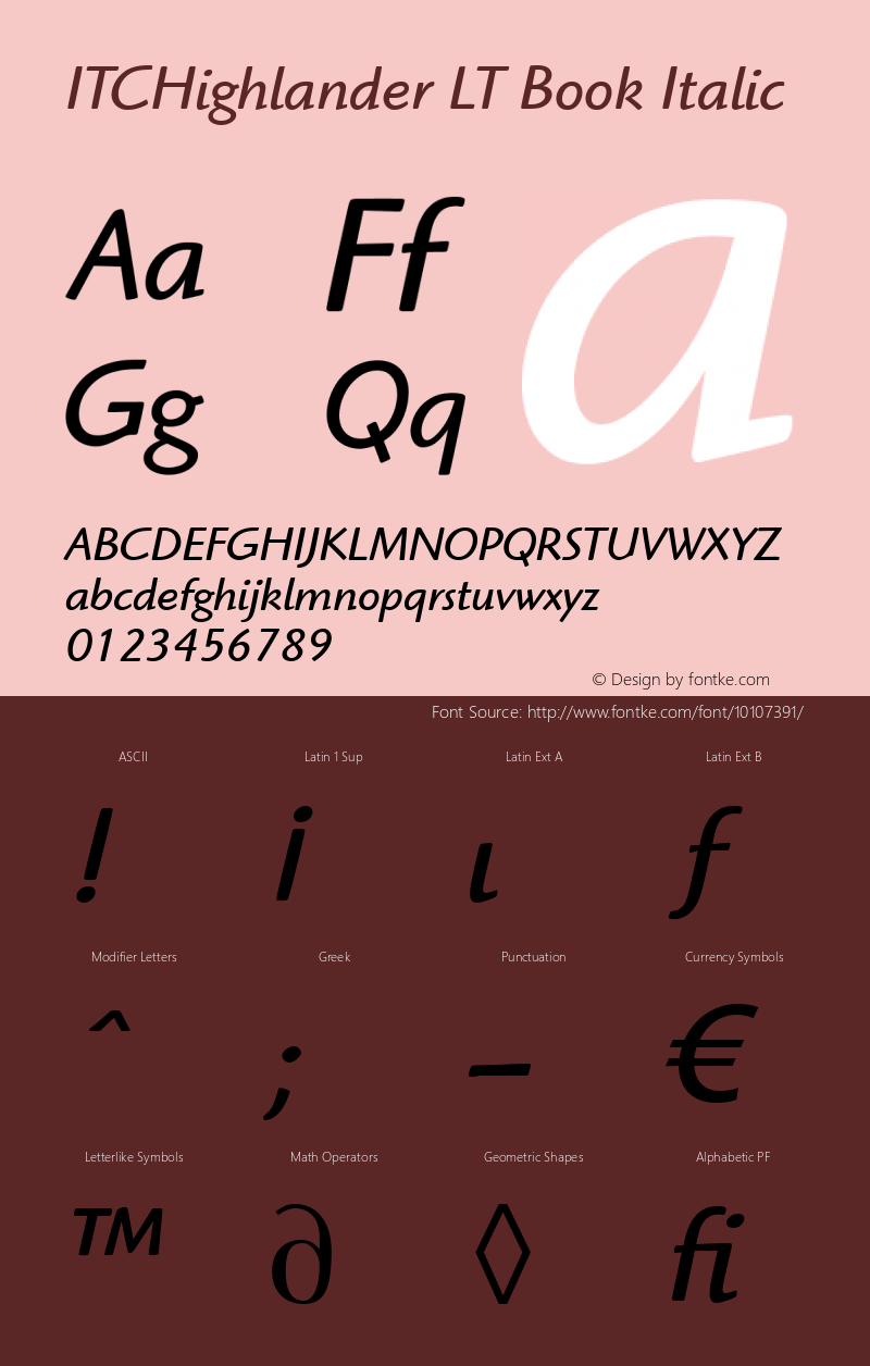 ITCHighlander LT Book Italic Version 6.1; 2002 Font Sample