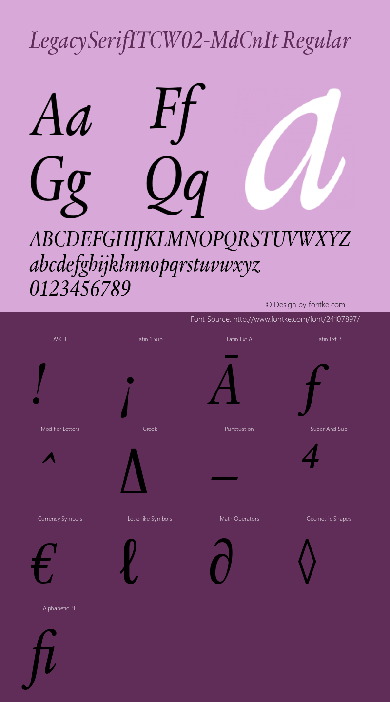 Legacy Serif ITC W02 Md Cn It Version 1.00 Font Sample