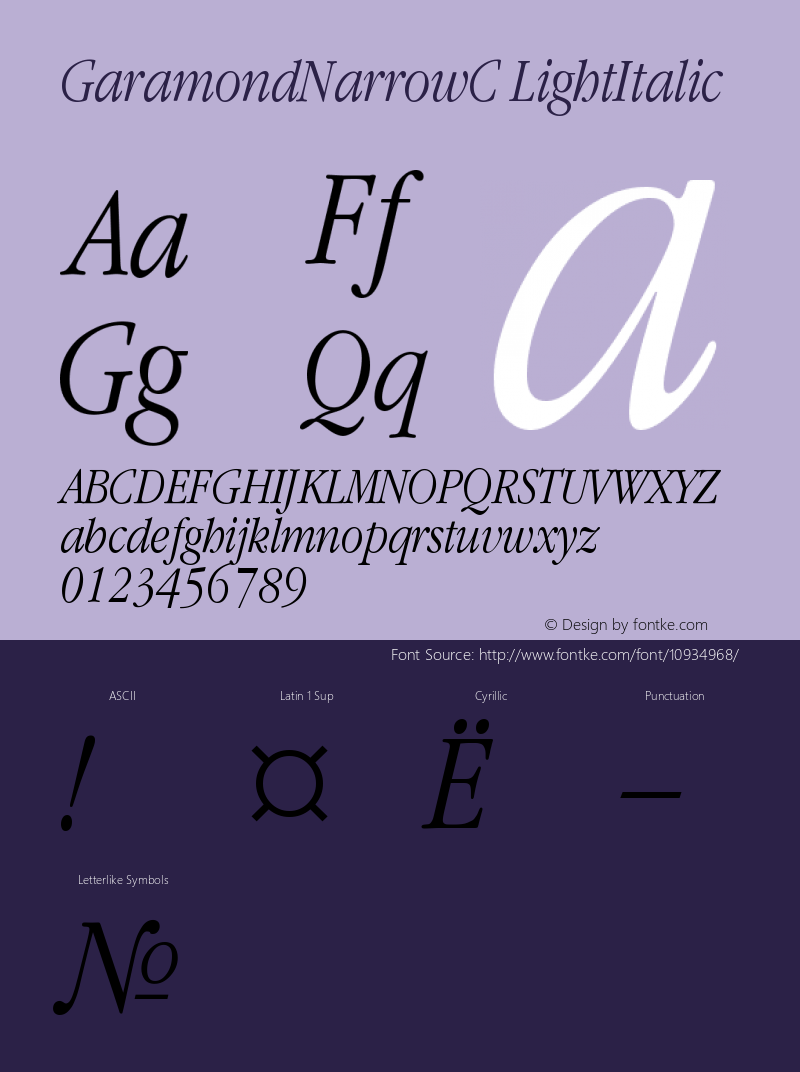 GaramondNarrowC LightItalic Version 001.000 Font Sample