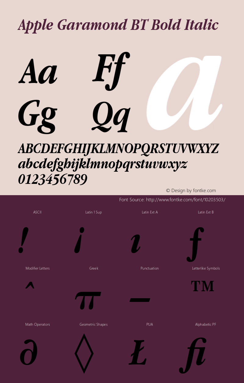 Apple Garamond BT Bold Italic 4 Mar 1991 Font Sample