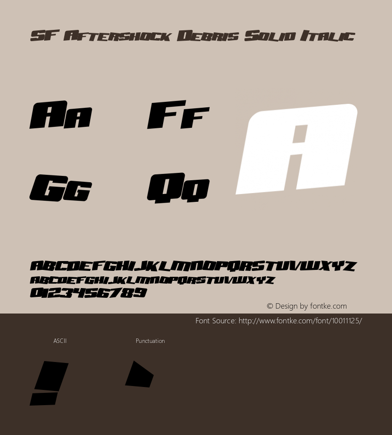 SF Aftershock Debris Solid Italic ver 1.0; 1999. Freeware for non-commercial use. Font Sample