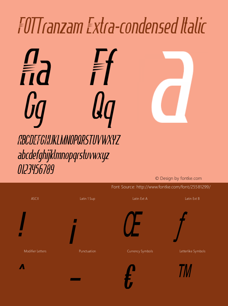 FOTTranzam-ExtracondensedItalic Version 1.000 Font Sample