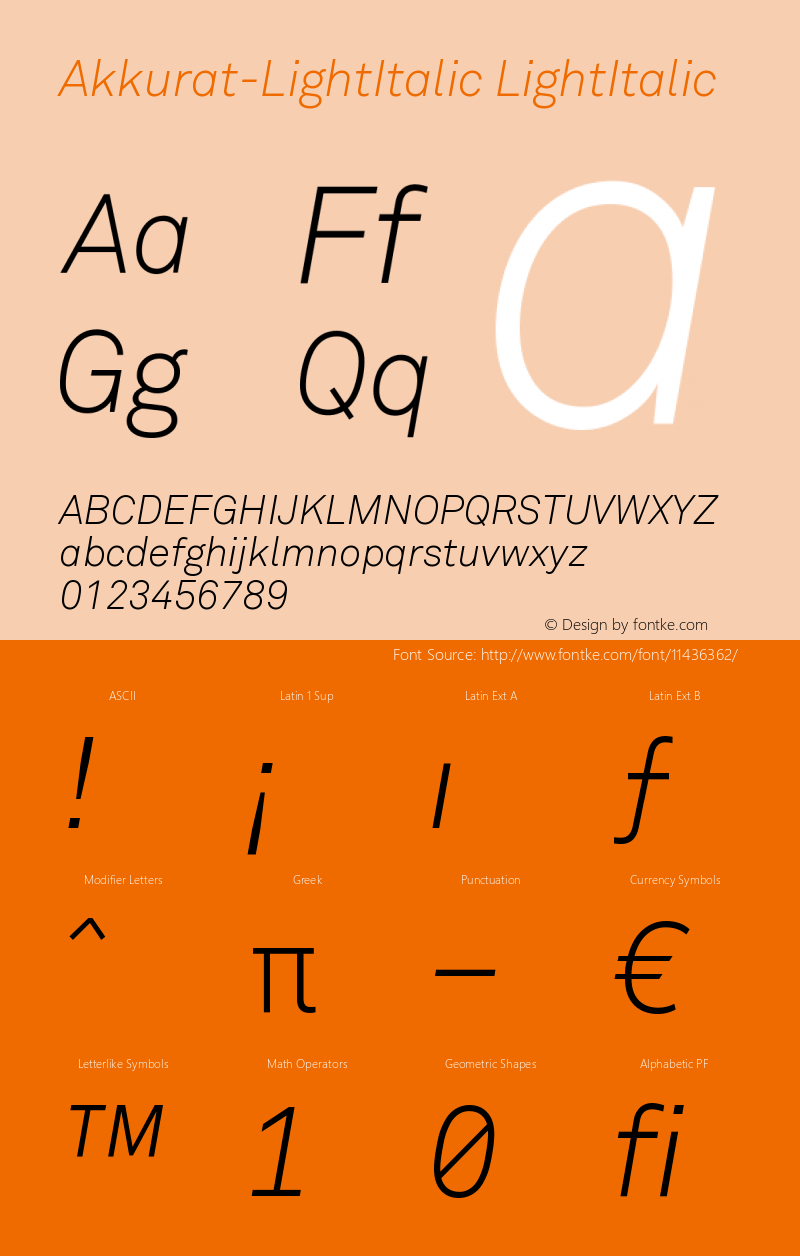 Akkurat-LightItalic LightItalic Version 001.000 Font Sample