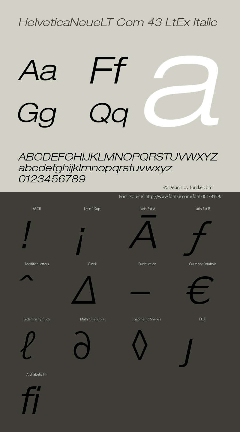 HelveticaNeueLT Com 43 LtEx Italic Version 1.00; 2006 Font Sample