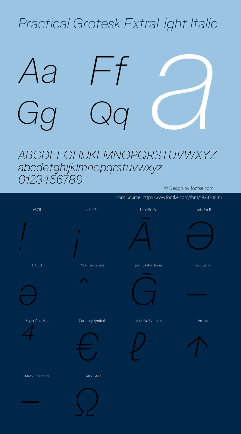 Practical Grotesk ExtraLight Italic Version 2.000;FEAKit 1.0图片样张