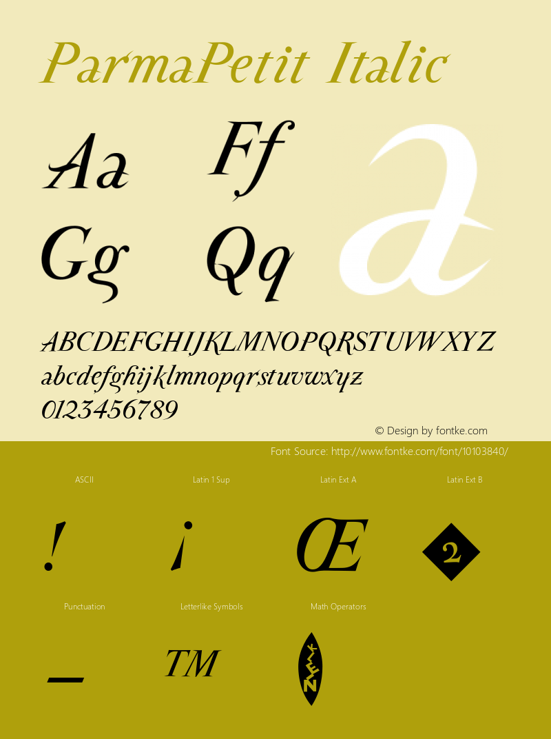 ParmaPetit Italic 1.0 12-04-2002 Font Sample