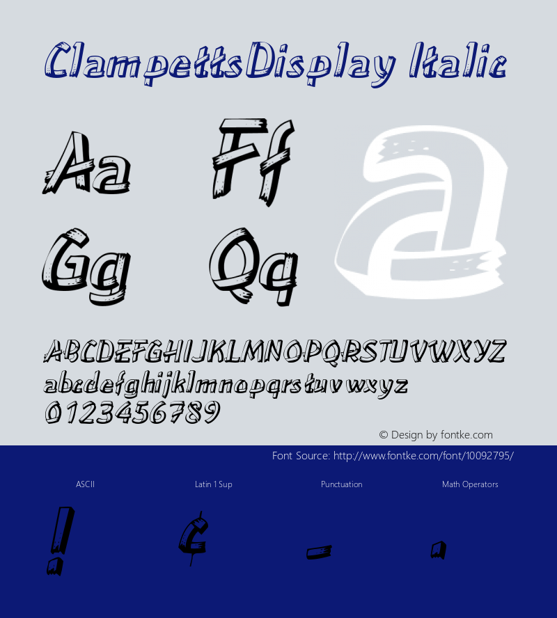 ClampettsDisplay Italic The IMSI MasterFonts Collection, tm 1995, 1996 IMSI (International Microcomputer Software Inc.) Font Sample