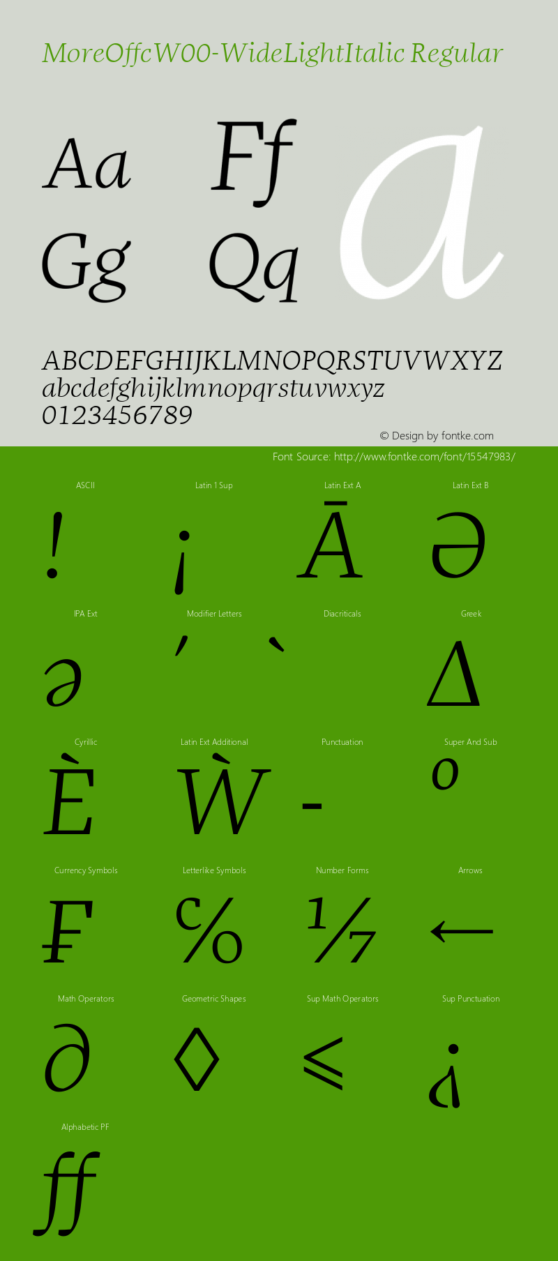 MoreOffcW00-WideLightItalic Regular Version 7.504 Font Sample