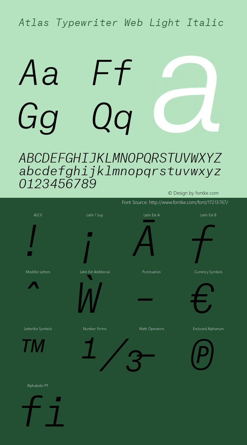 Atlas Typewriter Web Light Italic Version 1.001 2012 Font Sample