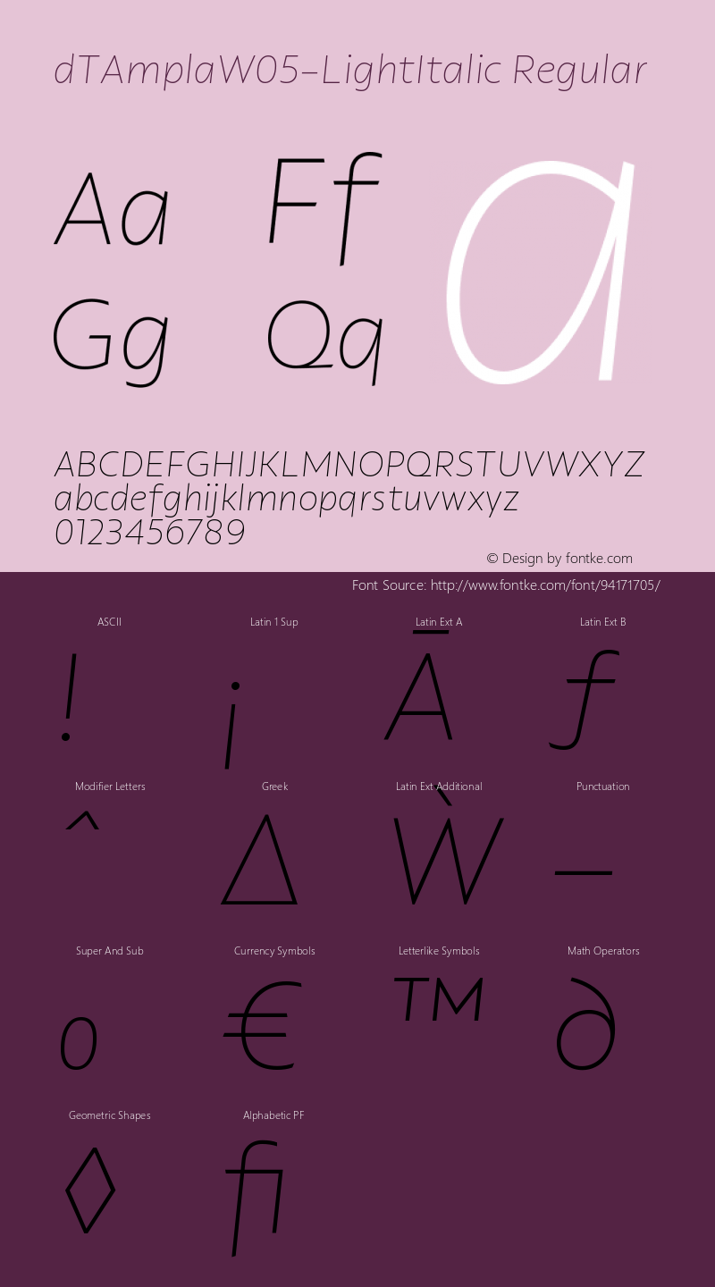 dT Ampla W05 Light Italic Version 1.00 Font Sample