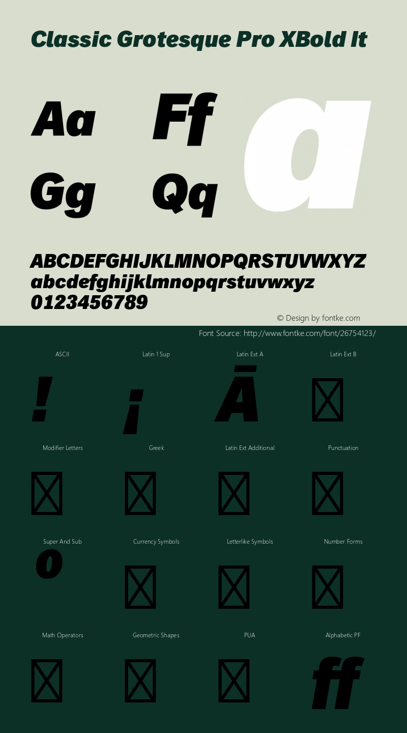 Classic Grotesque Pro XBold It Version 2.00 Font Sample