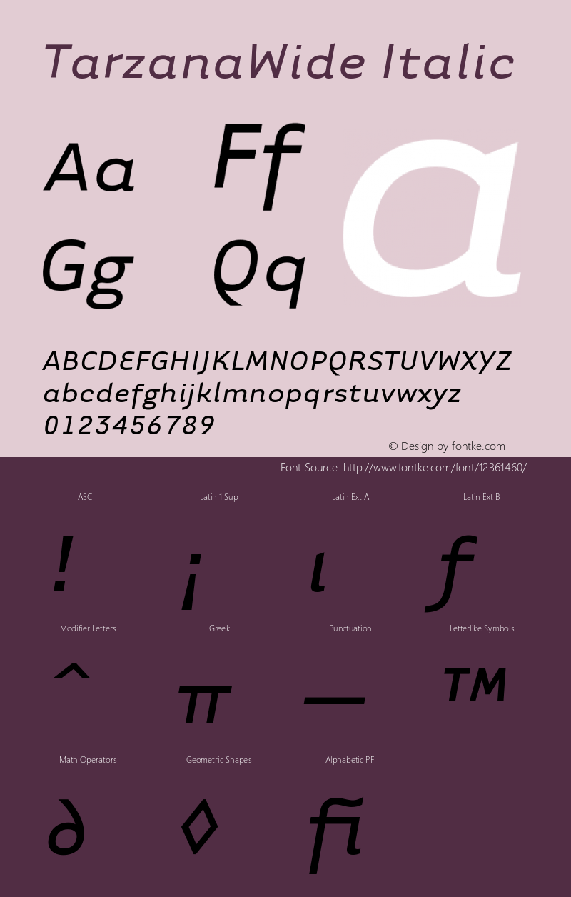 TarzanaWide Italic Version 001.000 Font Sample