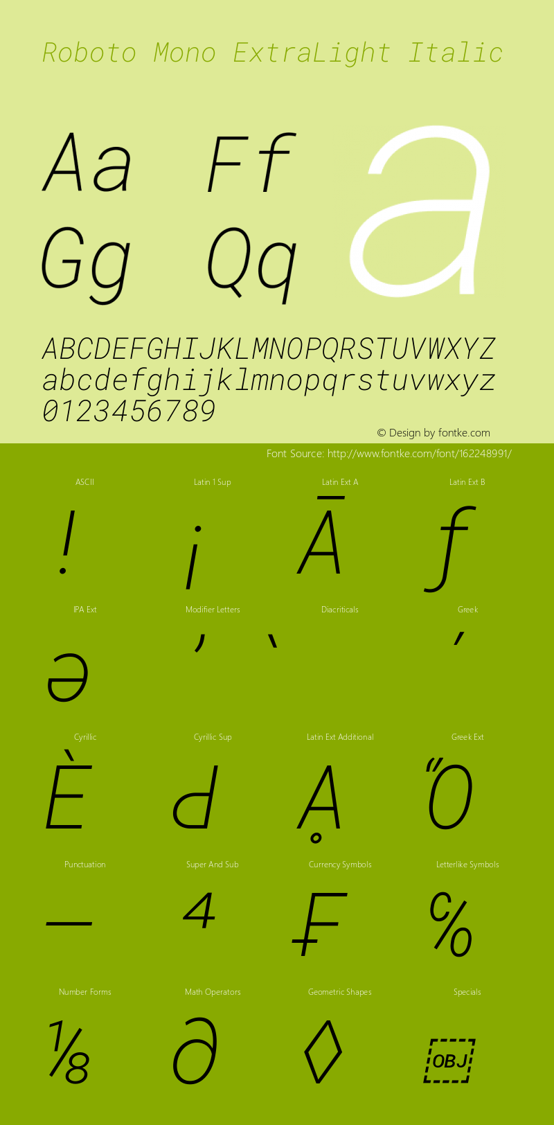 Roboto Mono ExtraLight Italic Version 3.000 Font Sample