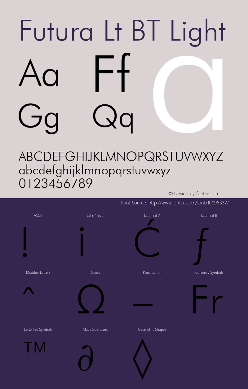 Futura Lt BT Light Version 2.001 mfgpctt 4.4 Font Sample