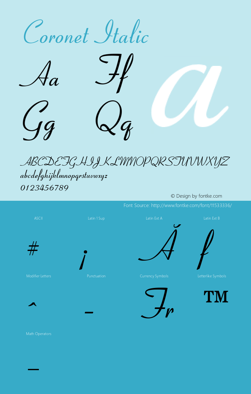 Coronet Italic Version 1.02a Font Sample