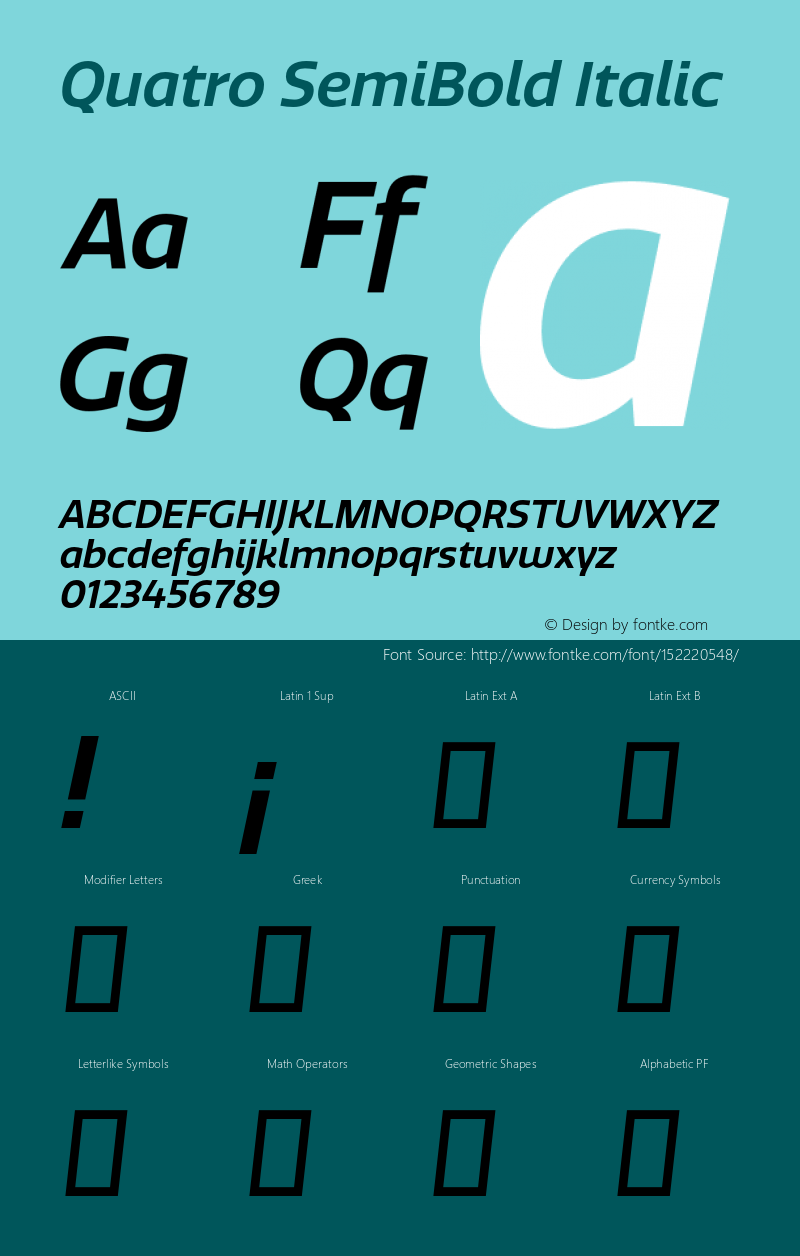 Quatro-SemiBoldItalic Version 1.30 Font Sample