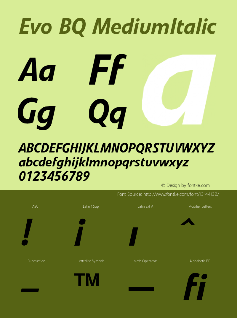 Evo BQ MediumItalic Version 001.000 Font Sample