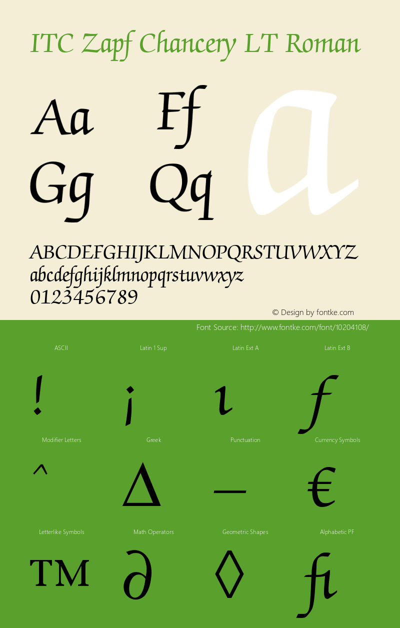 ITC Zapf Chancery LT Roman 006.000 Font Sample